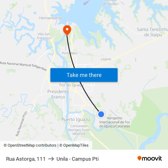 Rua Astorga, 111 to Unila - Campus Pti map