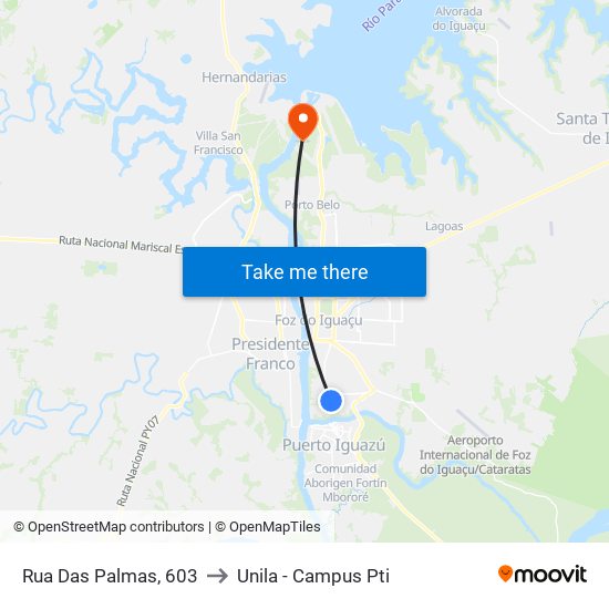 Rua Das Palmas, 603 to Unila - Campus Pti map