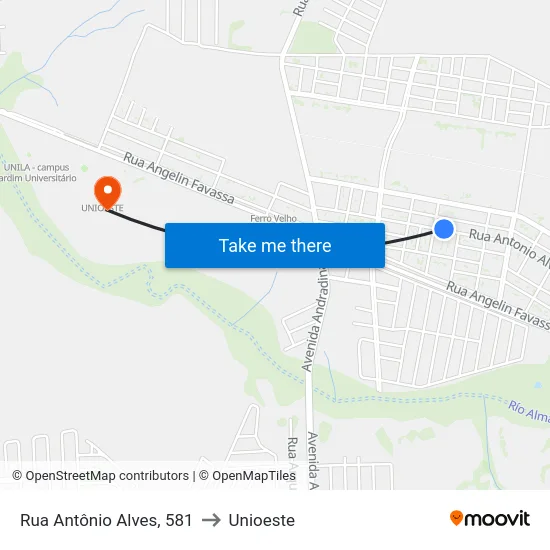 Rua Antônio Alves, 581 to Unioeste map