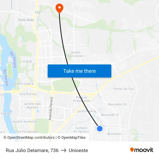 Rua Júlio Delamare, 736 to Unioeste map