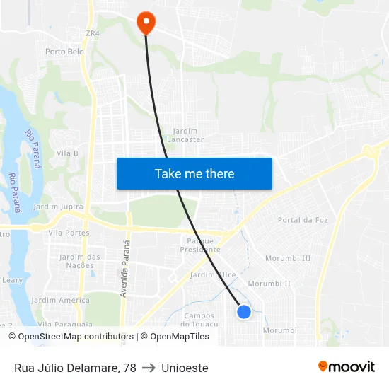 Rua Júlio Delamare, 78 to Unioeste map