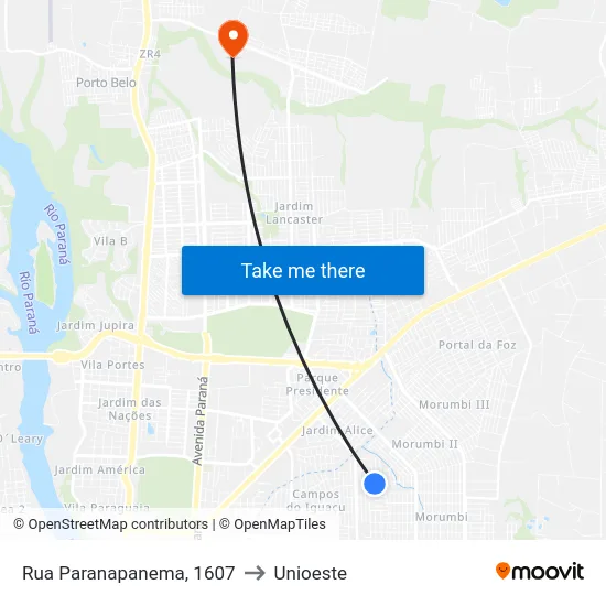 Rua Paranapanema, 1607 to Unioeste map