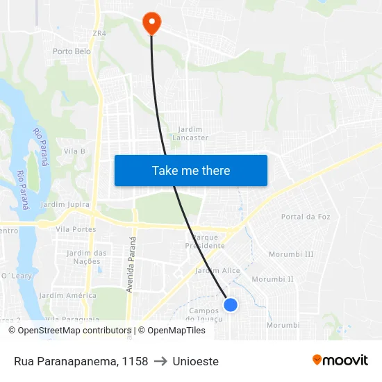 Rua Paranapanema, 1158 to Unioeste map