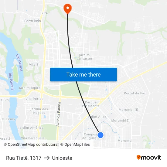 Rua Tietê, 1317 to Unioeste map