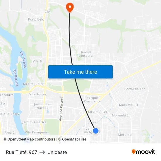Rua Tietê, 967 to Unioeste map