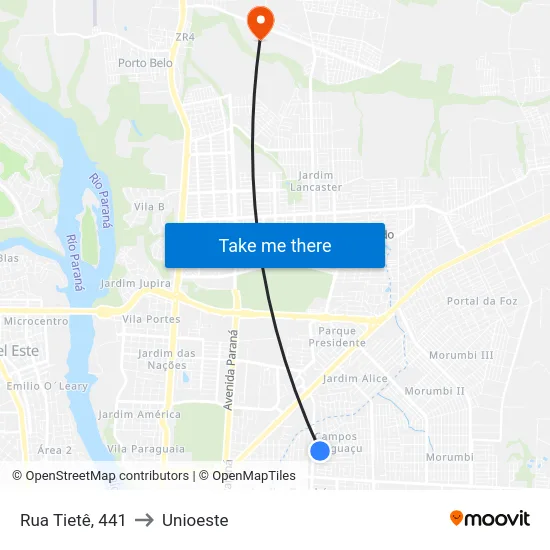Rua Tietê, 441 to Unioeste map