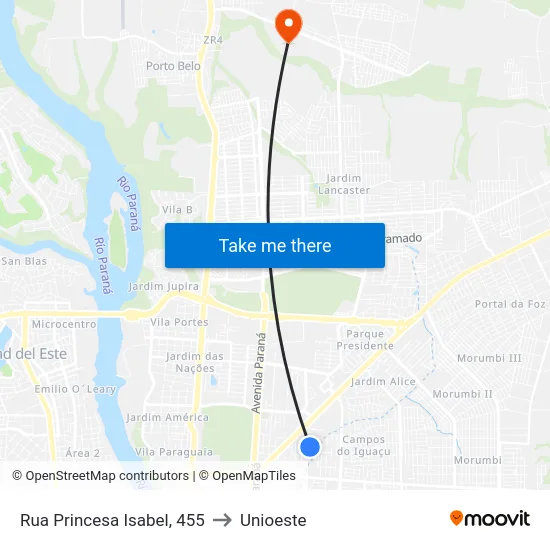 Rua Princesa Isabel, 455 to Unioeste map