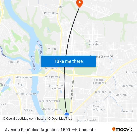 Avenida República Argentina, 1500 to Unioeste map