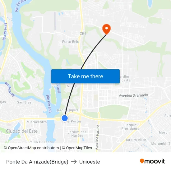 Ponte Da Amizade(Bridge) to Unioeste map