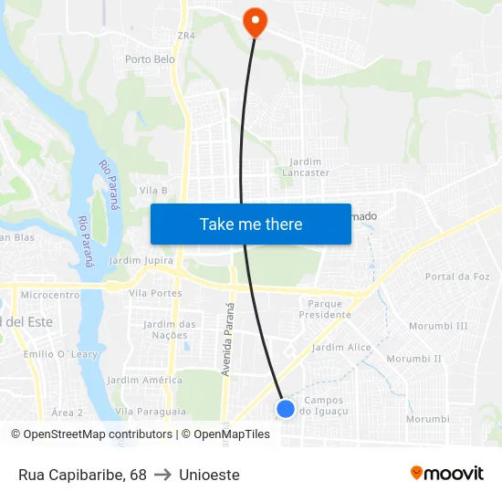Rua Capibaribe, 68 to Unioeste map