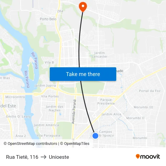 Rua Tietê, 116 to Unioeste map