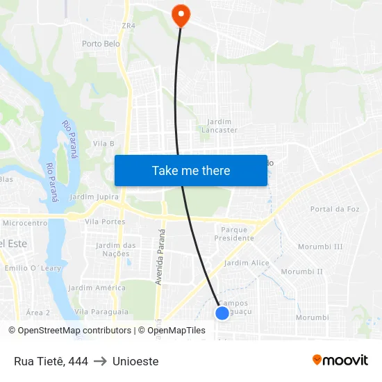 Rua Tietê, 444 to Unioeste map