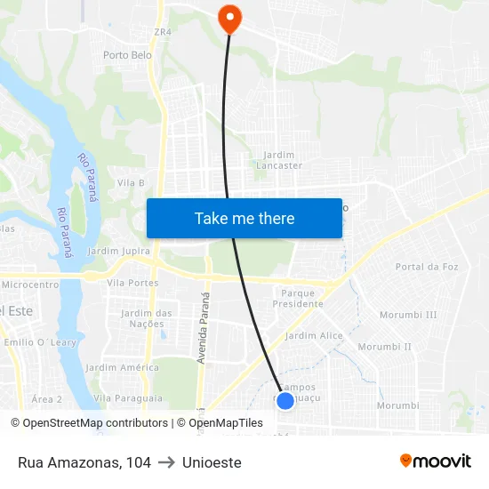 Rua Amazonas, 104 to Unioeste map