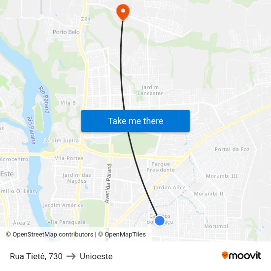 Rua Tietê, 730 to Unioeste map