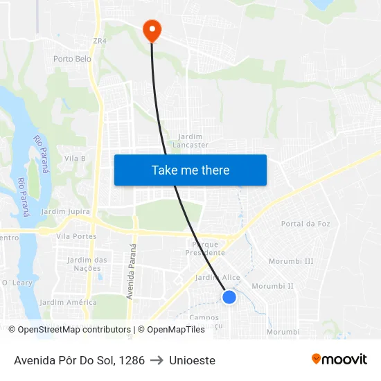 Avenida Pôr Do Sol, 1286 to Unioeste map
