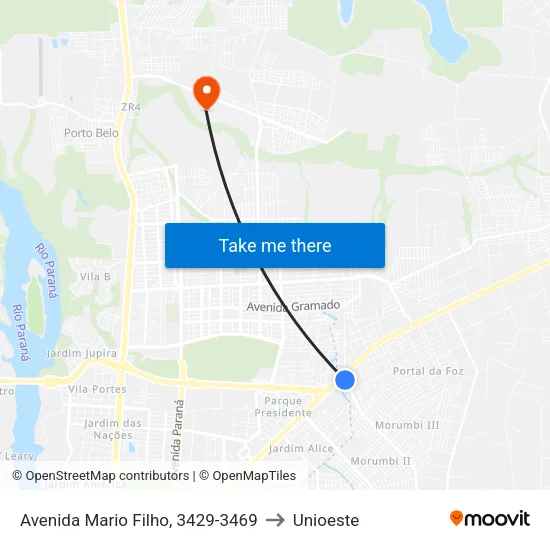 Avenida Mario Filho, 3429-3469 to Unioeste map