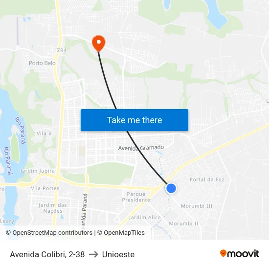 Avenida Colibri, 2-38 to Unioeste map