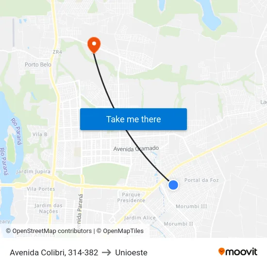 Avenida Colibri, 314-382 to Unioeste map