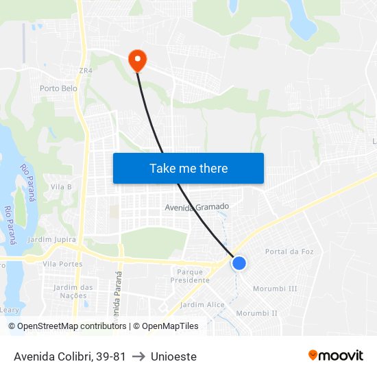 Avenida Colibri, 39-81 to Unioeste map
