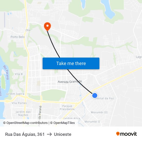 Rua Das Águias, 361 to Unioeste map