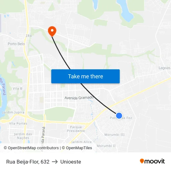 Rua Beija-Flor, 632 to Unioeste map