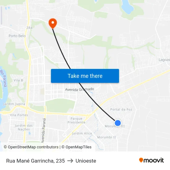 Rua Mané Garrincha, 235 to Unioeste map