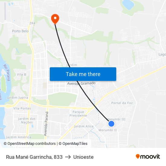 Rua Mané Garrincha, 833 to Unioeste map