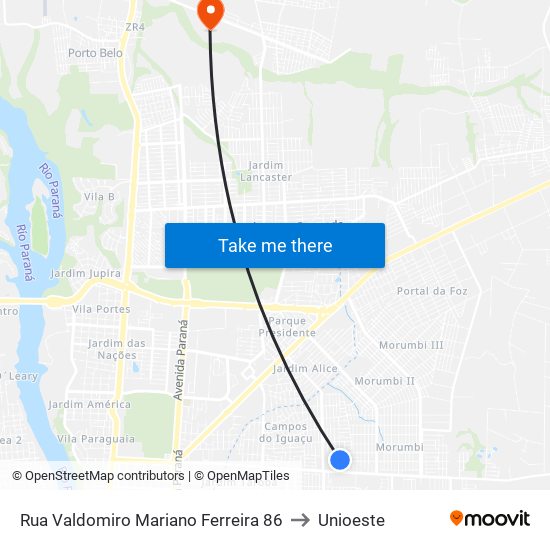 Rua Valdomiro Mariano Ferreira 86 to Unioeste map