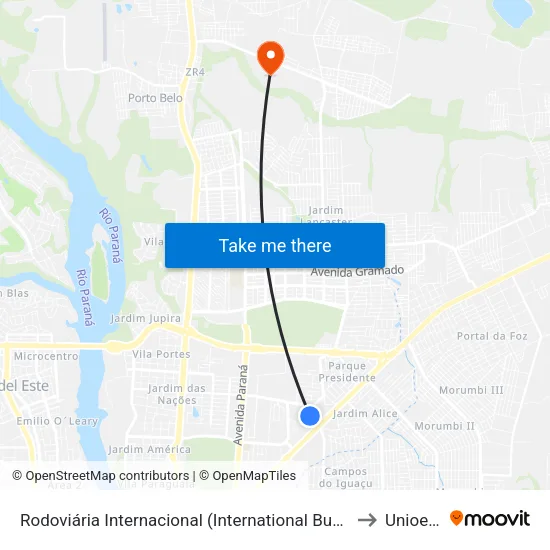 Rodoviária Internacional (International Bus Station) to Unioeste map
