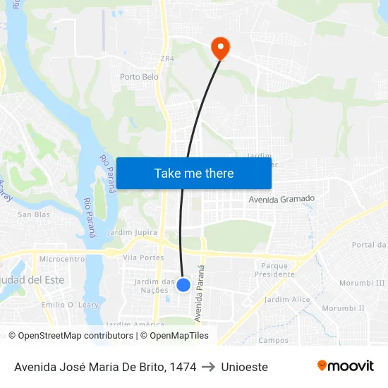 Avenida José Maria De Brito, 1474 to Unioeste map