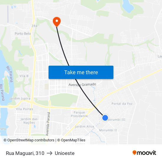 Rua Maguari, 310 to Unioeste map