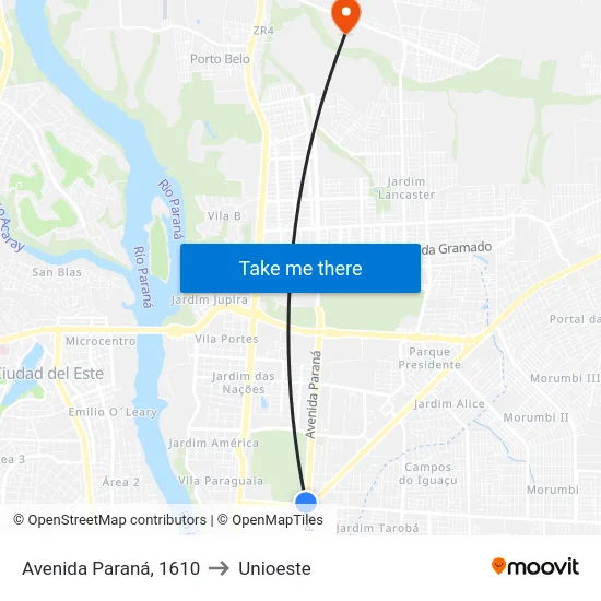 Avenida Paraná, 1610 to Unioeste map