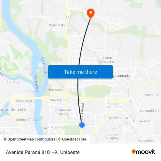 Avenida Paraná 810 to Unioeste map