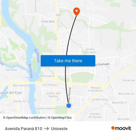 Avenida Paraná 810 to Unioeste map