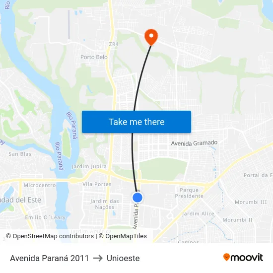 Avenida Paraná 2011 to Unioeste map