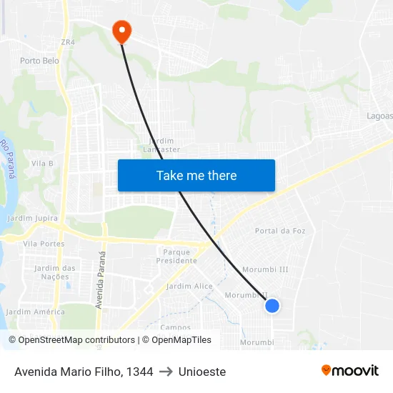 Avenida Mario Filho, 1344 to Unioeste map