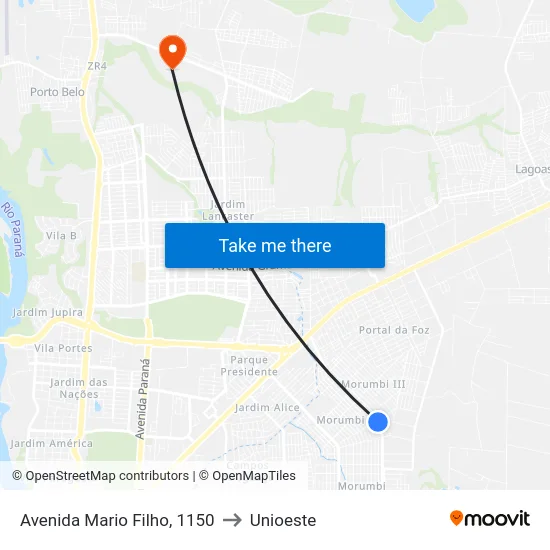 Avenida Mario Filho, 1150 to Unioeste map