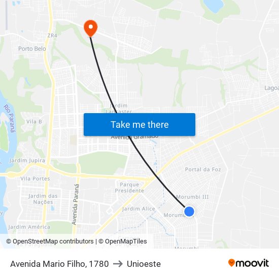 Avenida Mario Filho, 1780 to Unioeste map