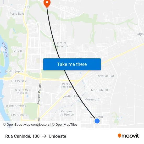 Rua Canindé, 130 to Unioeste map