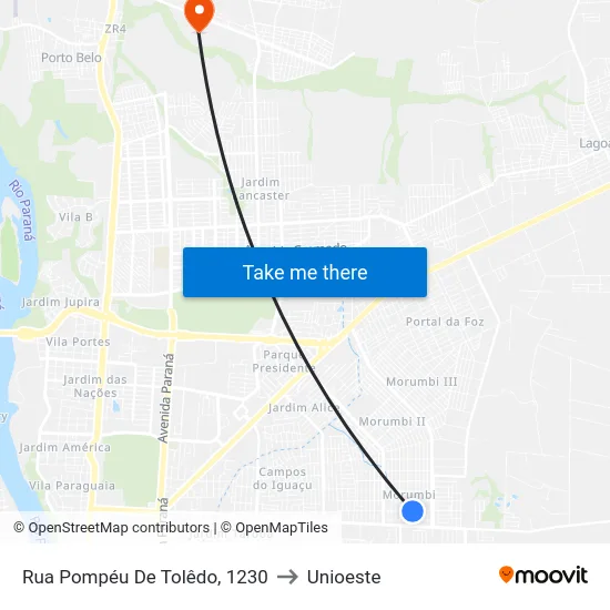 Rua Pompéu De Tolêdo, 1230 to Unioeste map