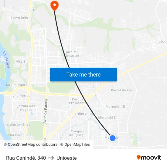 Rua Canindé, 340 to Unioeste map