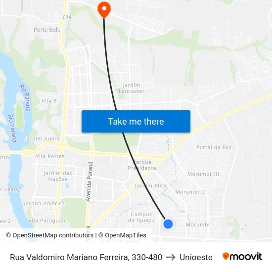 Rua Valdomiro Mariano Ferreira, 330-480 to Unioeste map