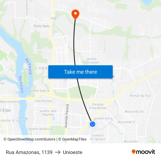 Rua Amazonas, 1139 to Unioeste map