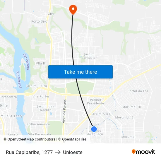 Rua Capibaribe, 1277 to Unioeste map