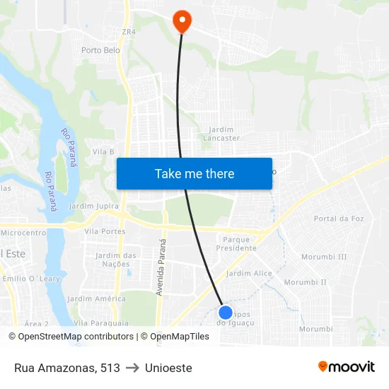 Rua Amazonas, 513 to Unioeste map