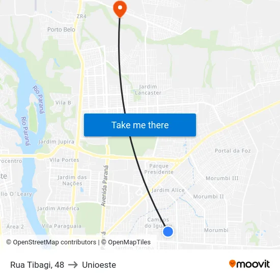 Rua Tibagi, 48 to Unioeste map