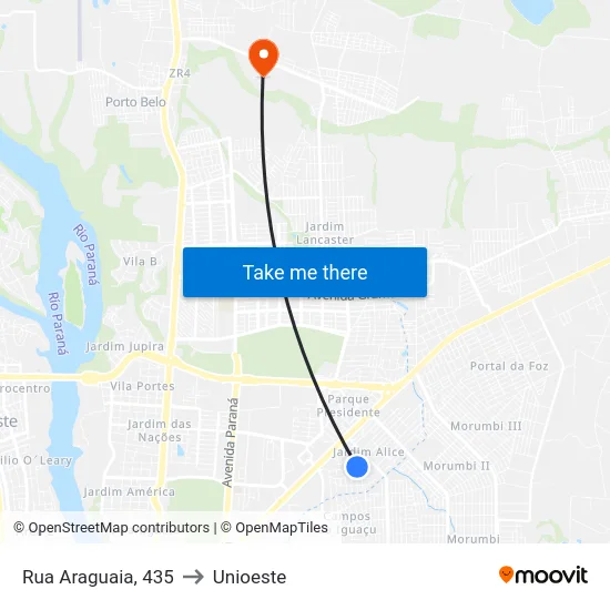 Rua Araguaia, 435 to Unioeste map