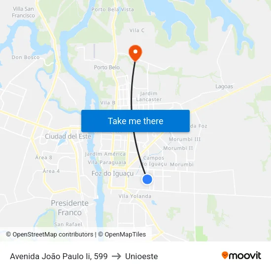 Avenida João Paulo Ii, 599 to Unioeste map