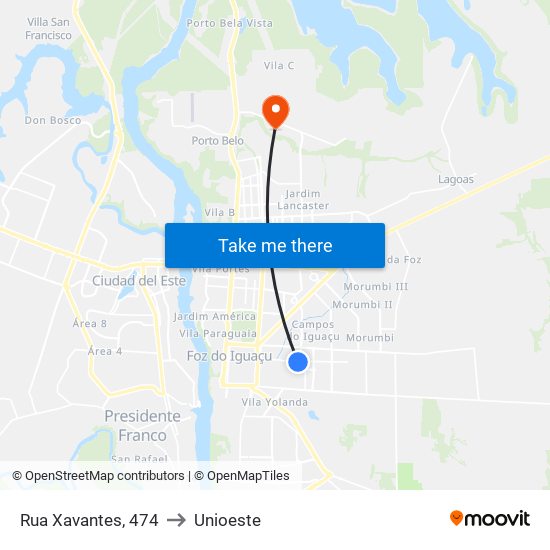 Rua Xavantes, 474 to Unioeste map