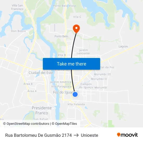 Rua Bartolomeu De Gusmão 2174 to Unioeste map